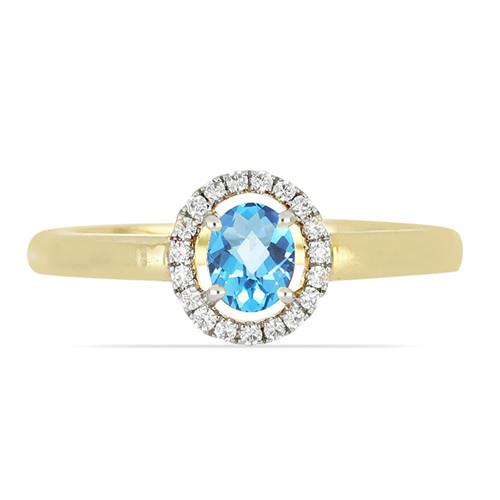 BUY REAL SWISS BLUE TOPAZ GEMSTONE 14K GOLD WHITE DIAMOND HALO RING